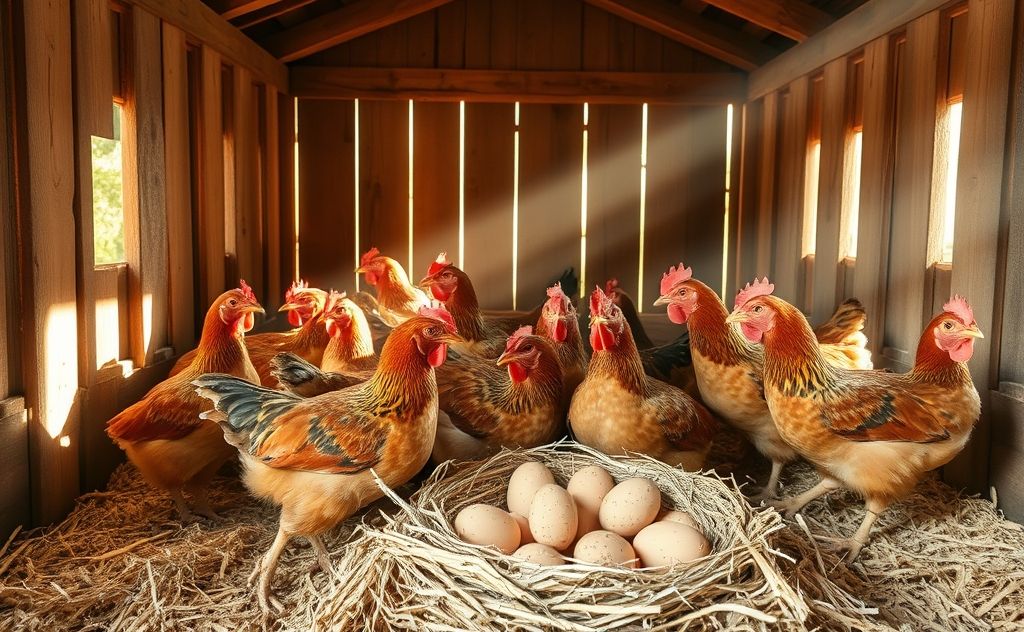 Chickens in a coop with eggs in a nest