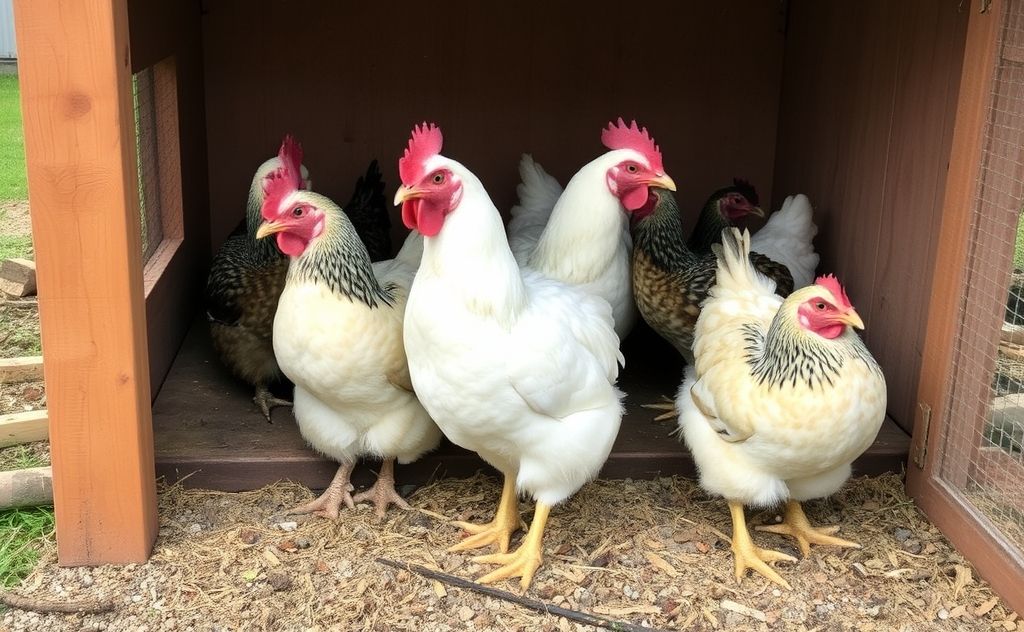 Chickens in a cozy 6x8 coop setting