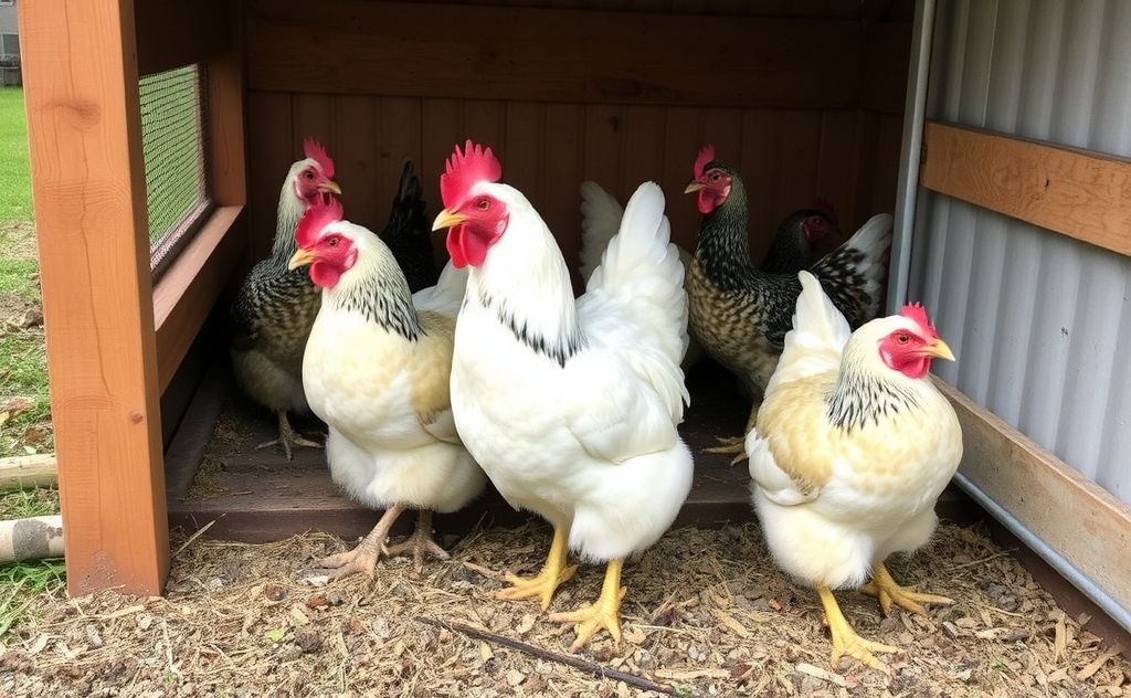 Chickens in a cozy 8x8 coop setting