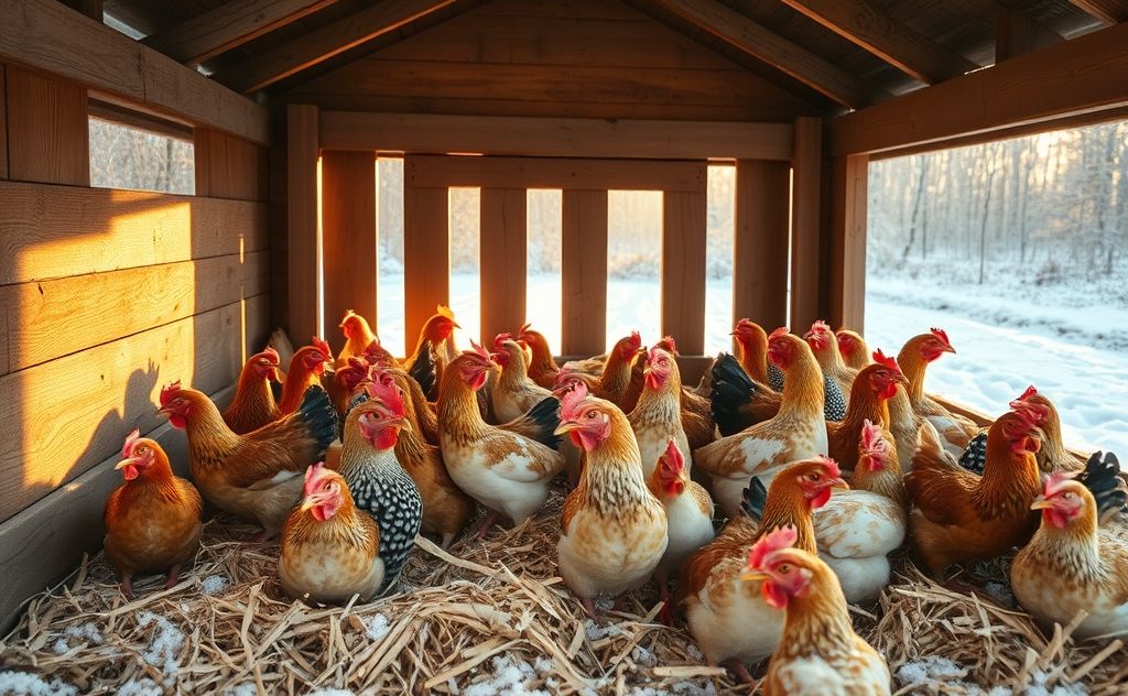 Chickens in a cozy coop during cold weather
