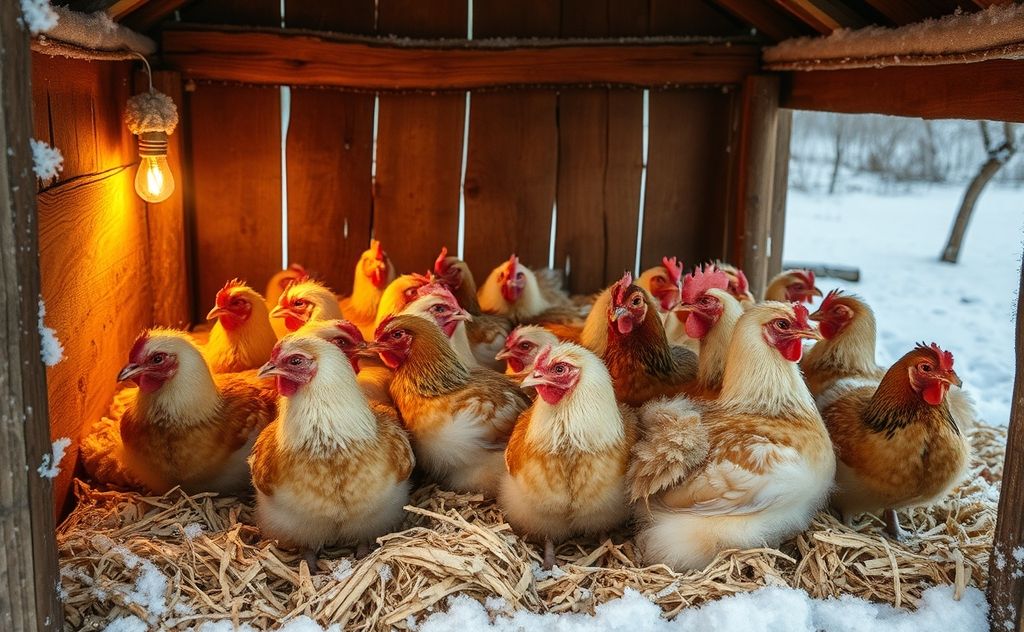 Chickens in a cozy coop during winter chill