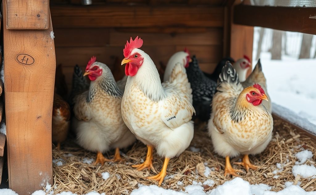Chickens in a cozy natural winter shelter