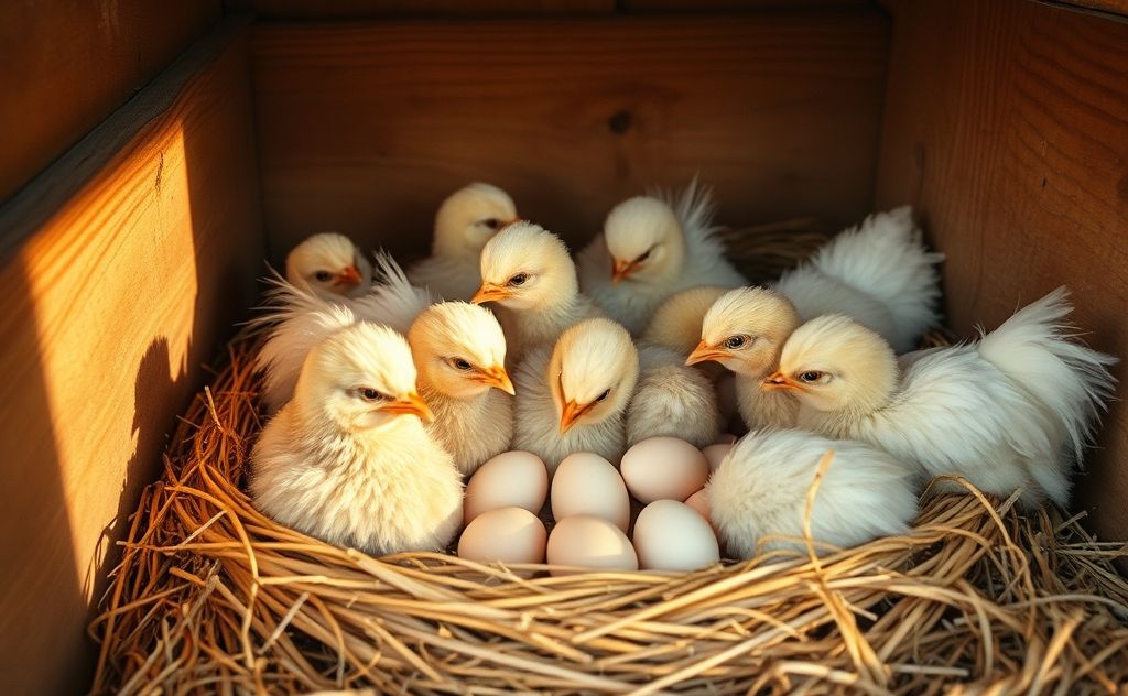 Chickens in a cozy nest waiting to hatch eggs