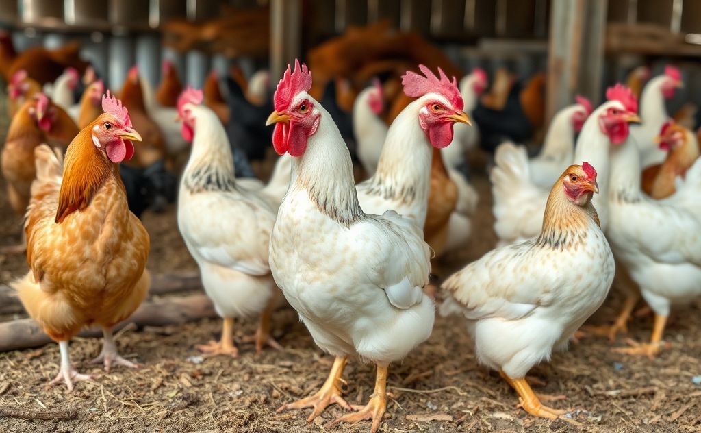 Chickens in a farm setting showcasing daily life