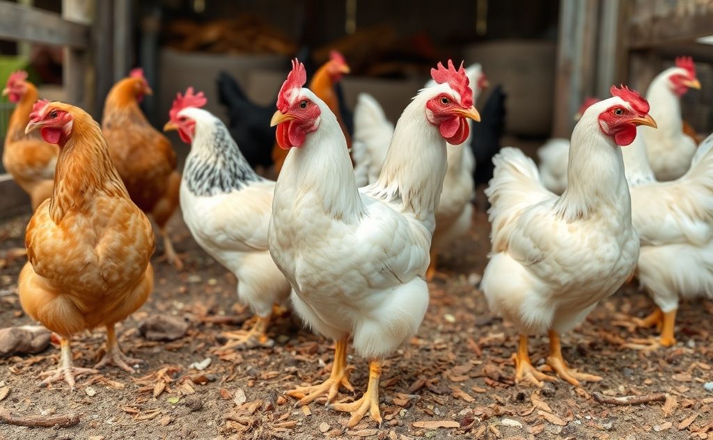 Chickens in a farm setting with droppings around