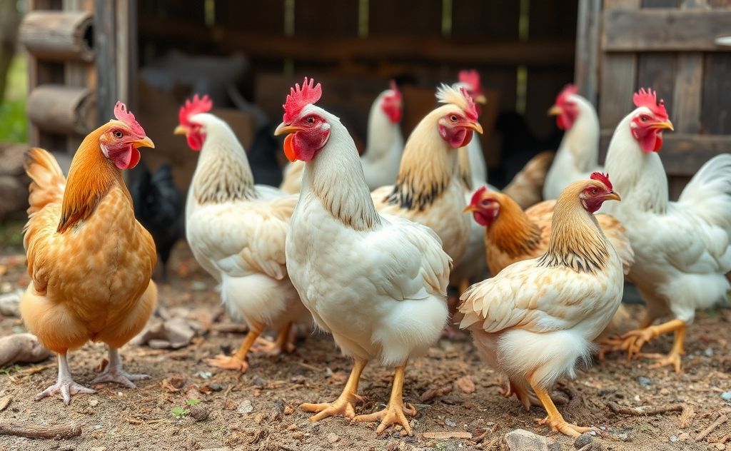 Chickens in a peaceful coop setting without pecking