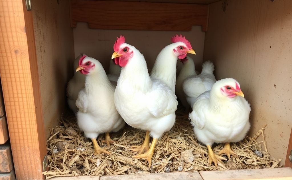 Chickens in clean nesting boxes without mess