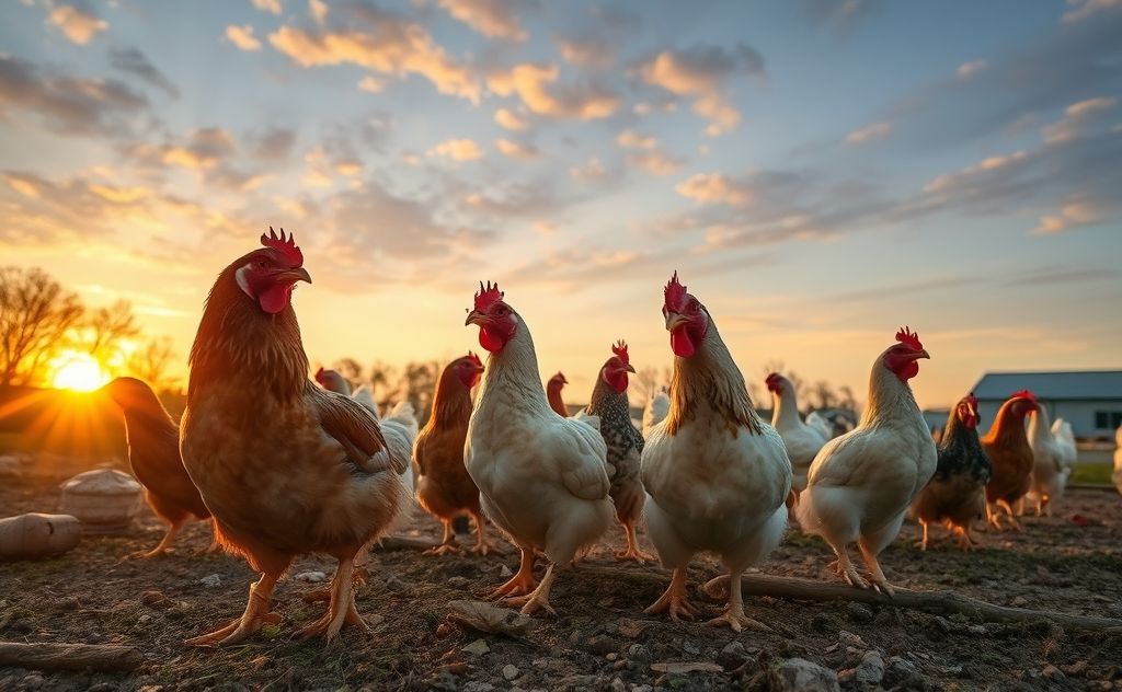 Chickens in distress on a farm at sunrise