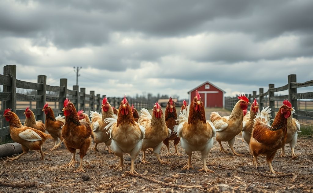 Chickens in distress on a farm background