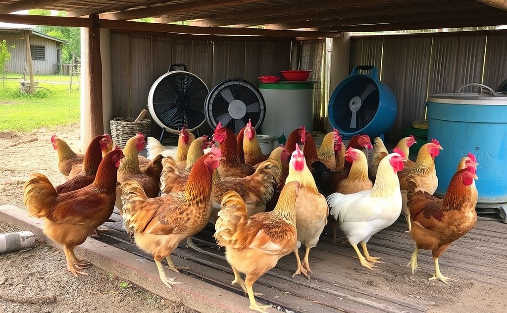 Chickens in shade with water and fans for cooling