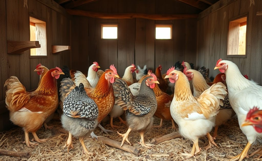Chickens interacting in a coop setting