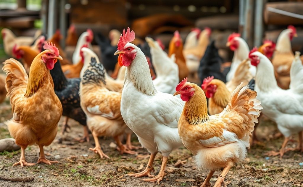 Chickens interacting in a lively farm setting
