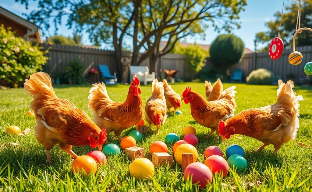 Chickens interacting with toys in a sunny yard