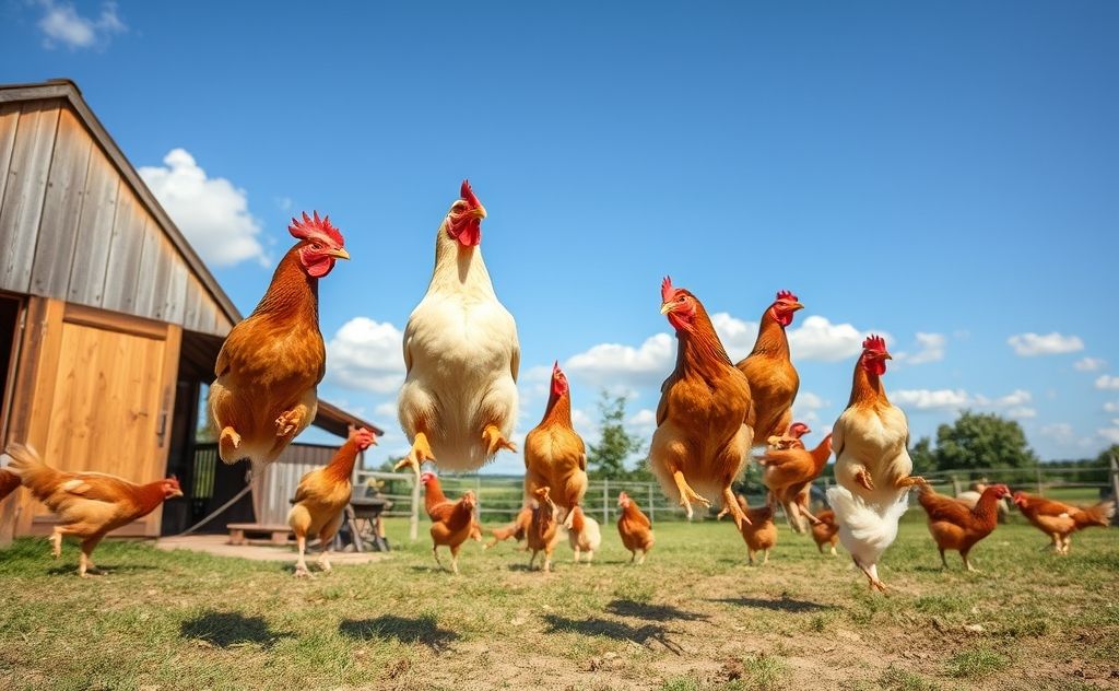 Chickens jumping high in a sunny farmyard