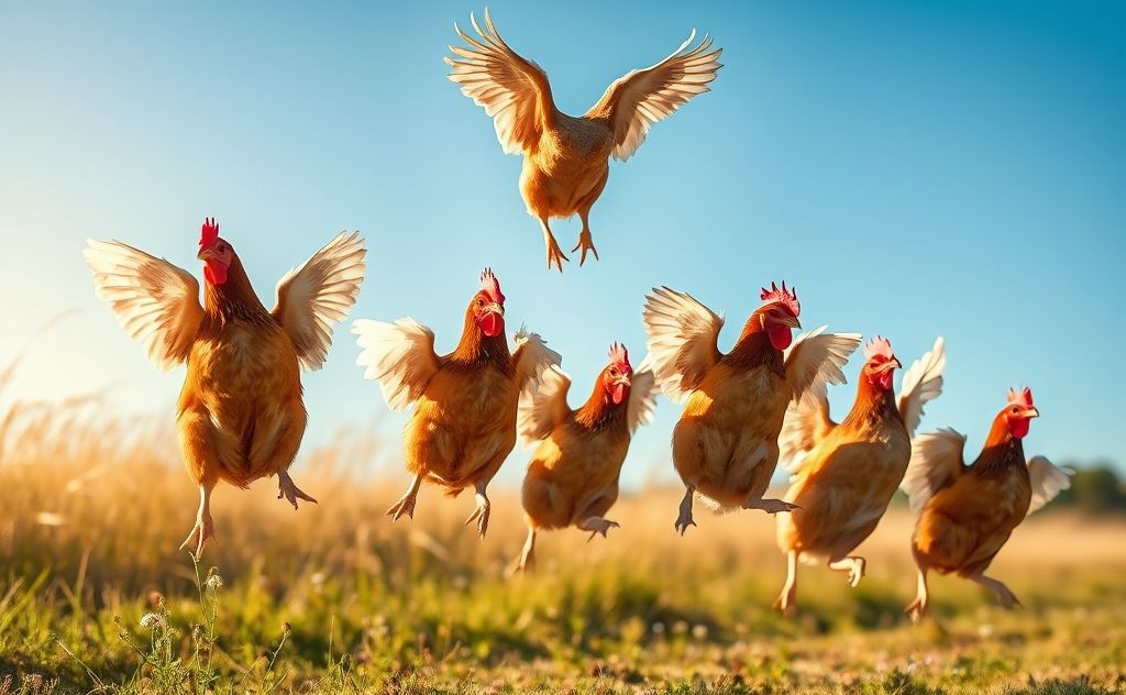 Chickens jumping with clipped wings high up