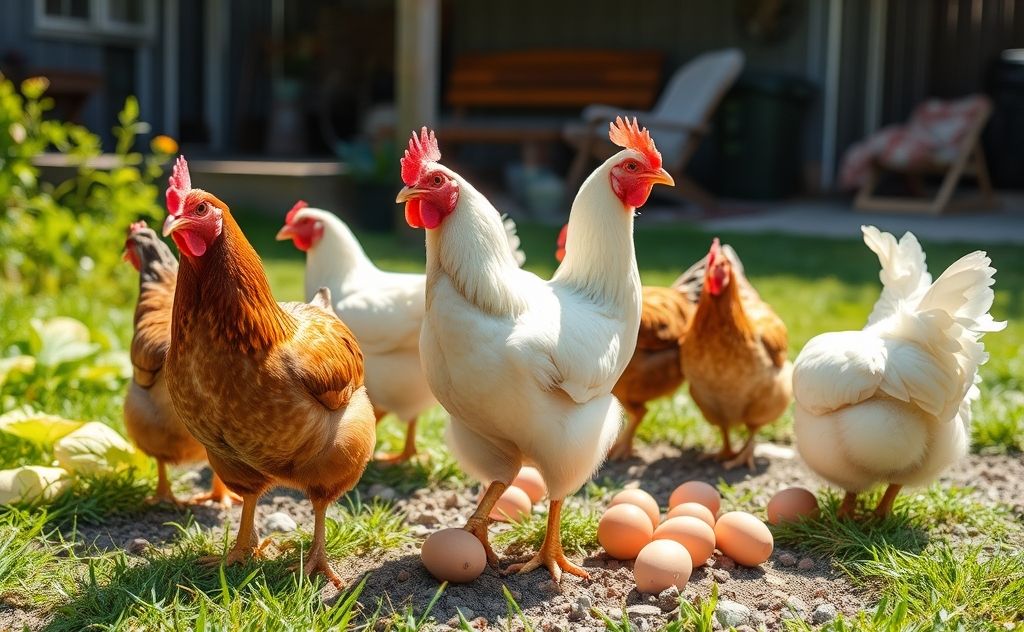Chickens laying eggs in a sunny backyard setting