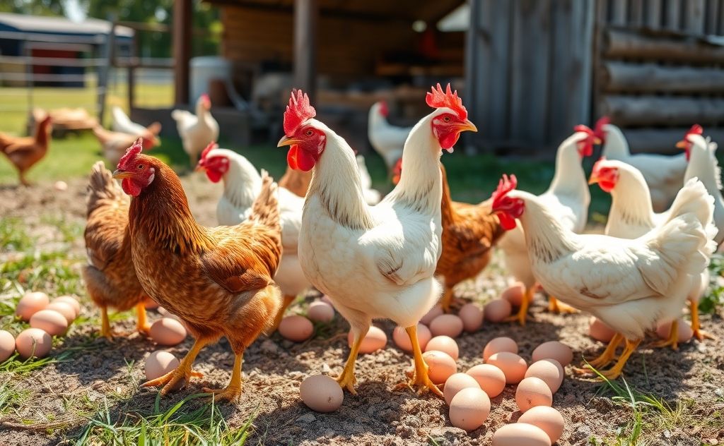 Chickens laying eggs in a sunny farm setting