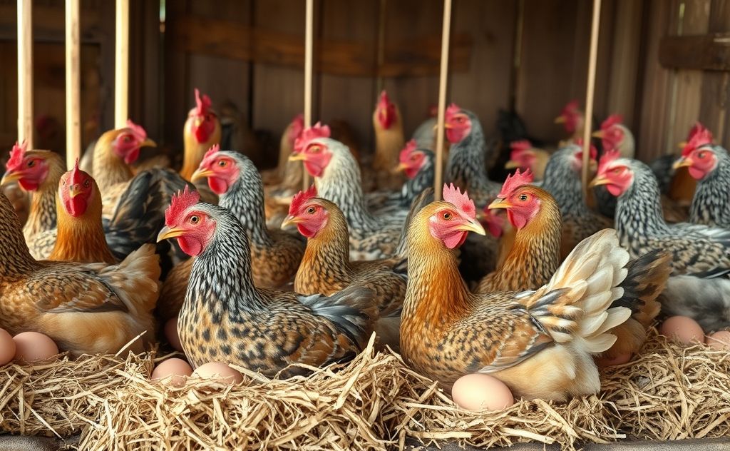 Chickens laying eggs with subtle signs of stress