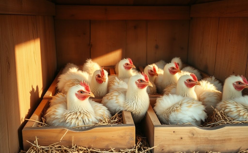 Chickens laying in cozy nesting boxes
