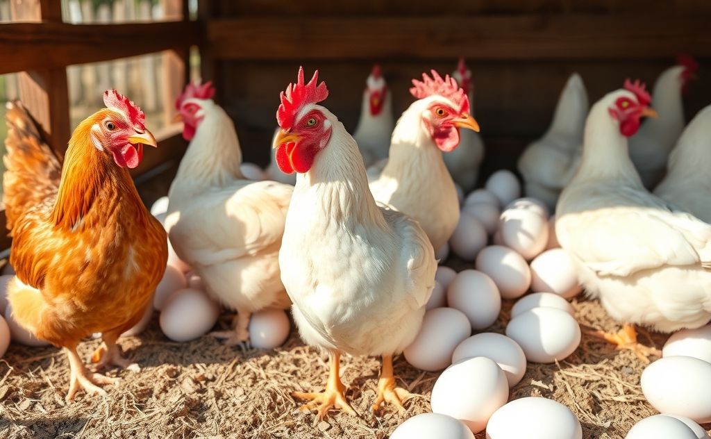Chickens laying large white eggs in a sunny coop