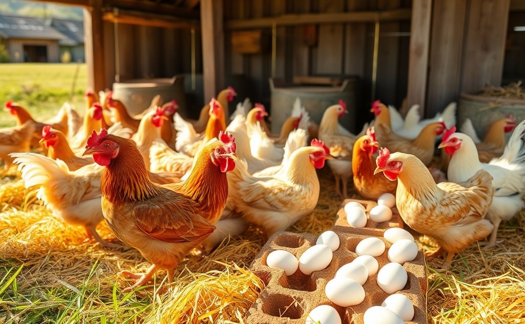 Chickens laying white eggs in a sunny farm setting