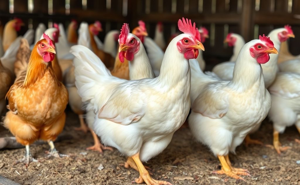 Chickens looking underweight in a farm setting