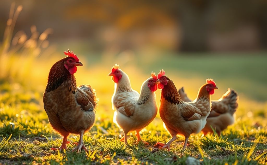 Chickens making morning sounds in sunrise light