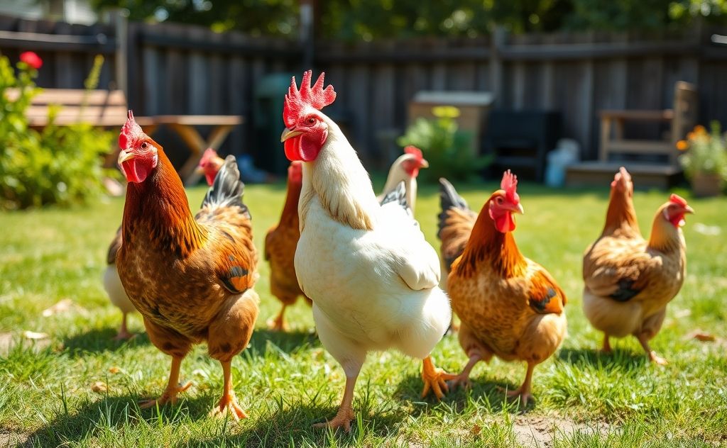 Chickens making noise in a sunny backyard