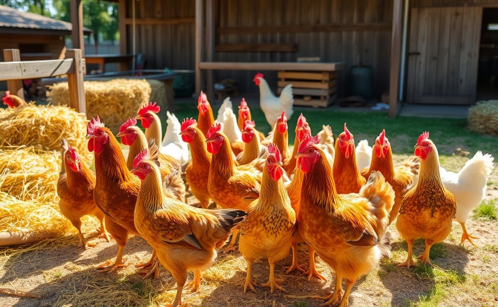 Chickens making noise in a sunny farmyard setting