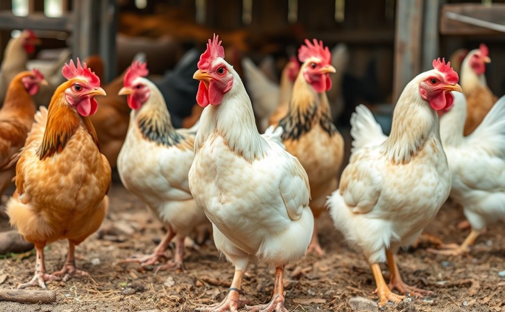 Chickens making various sounds in a farm setting