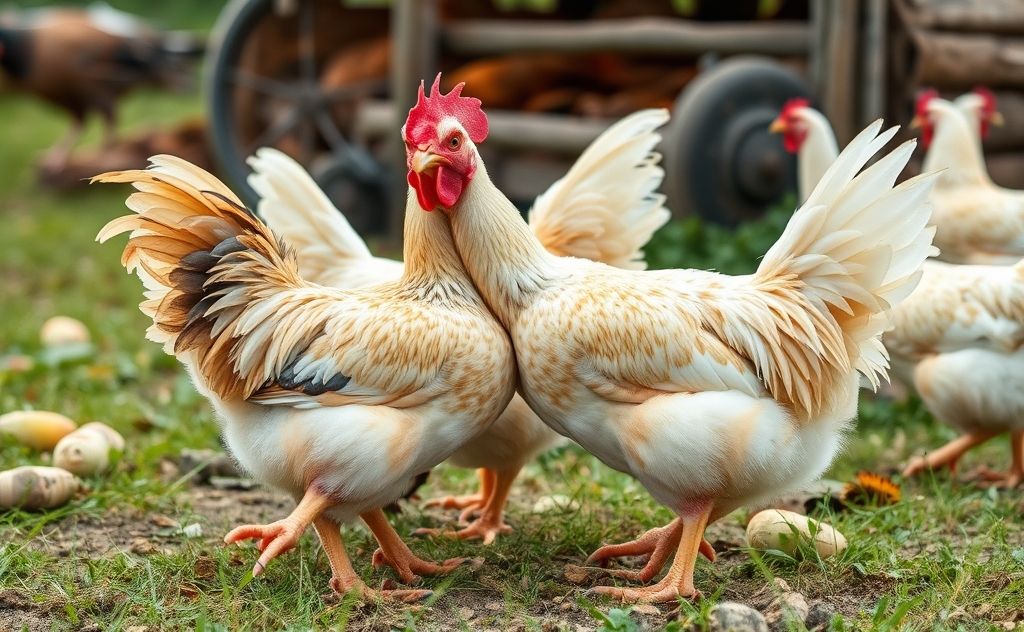 Chickens mating in a natural farm setting