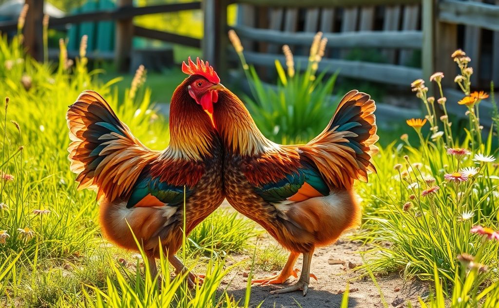 Chickens mating in natural setting vivid colors