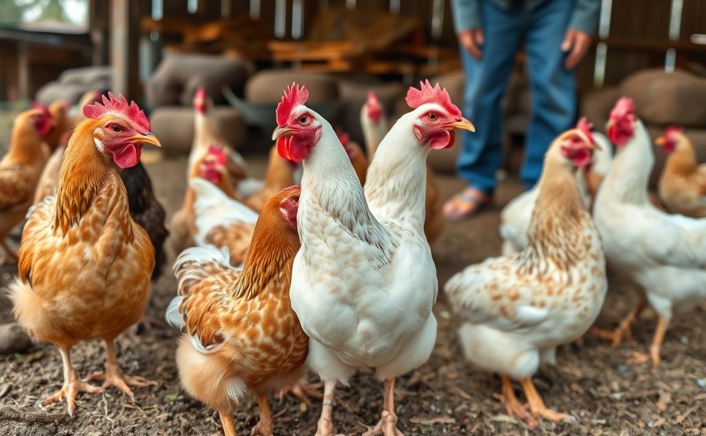 Chickens observing humans in a farm setting