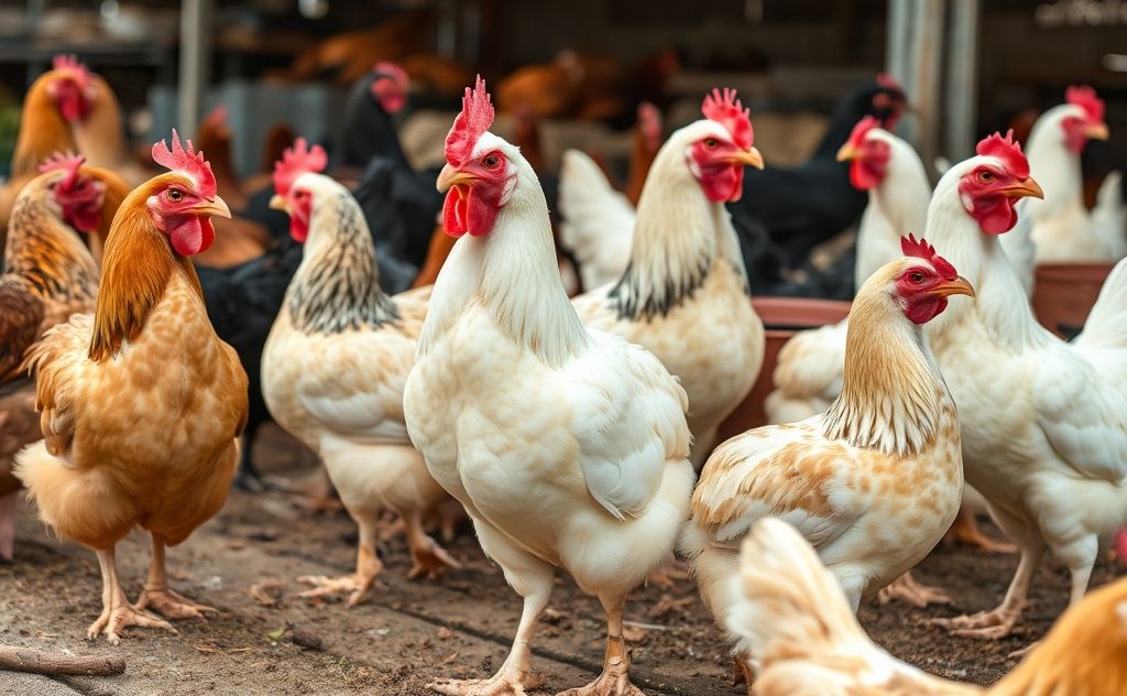 Chickens of various breeds in a farmyard setting.