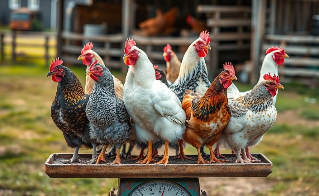 Chickens of various breeds on a scale