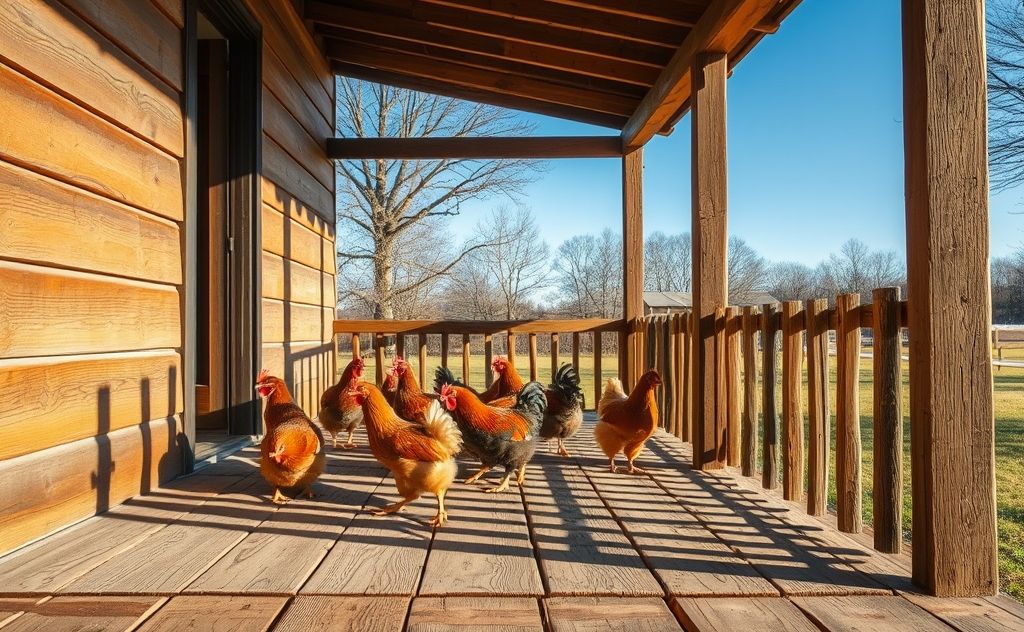 Chickens on a porch with a barrier fence