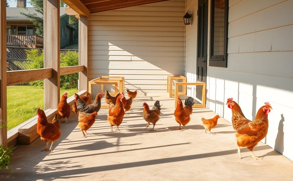 Chickens on porch with barriers and clean area tips