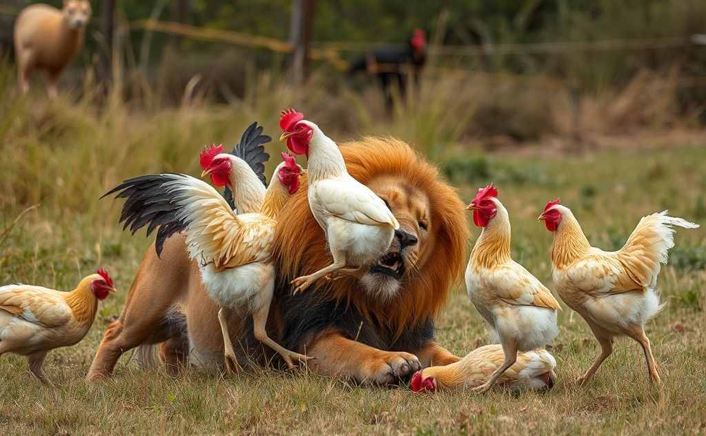 Chickens overpowering a lion in a wild scene