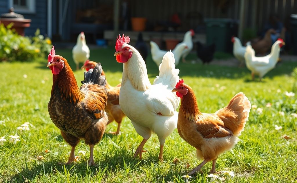 Chickens peacefully coexisting in a sunny yard