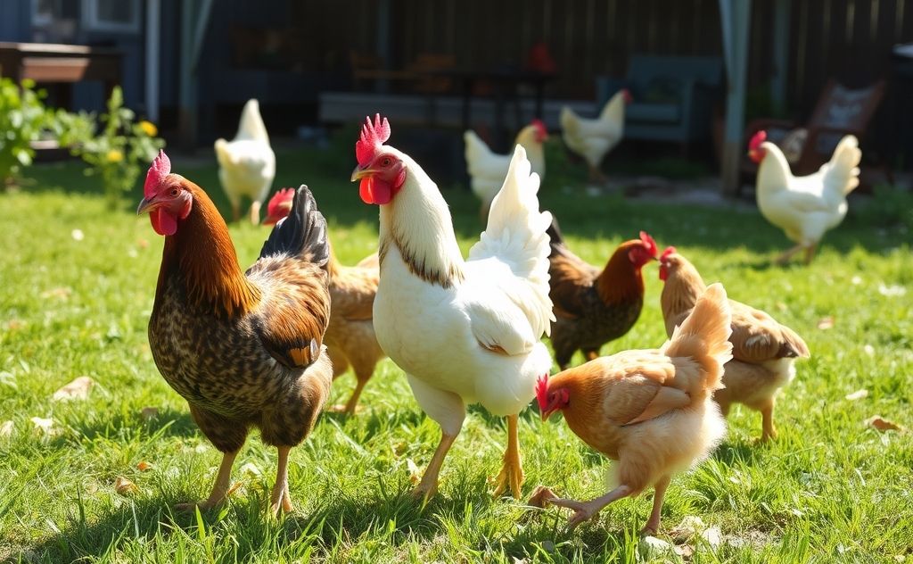 Chickens peacefully foraging in a sunny yard