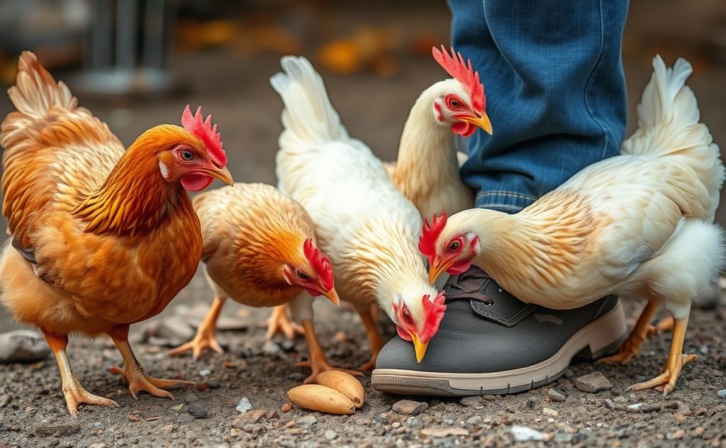 Chickens pecking at feet for curiosity or food