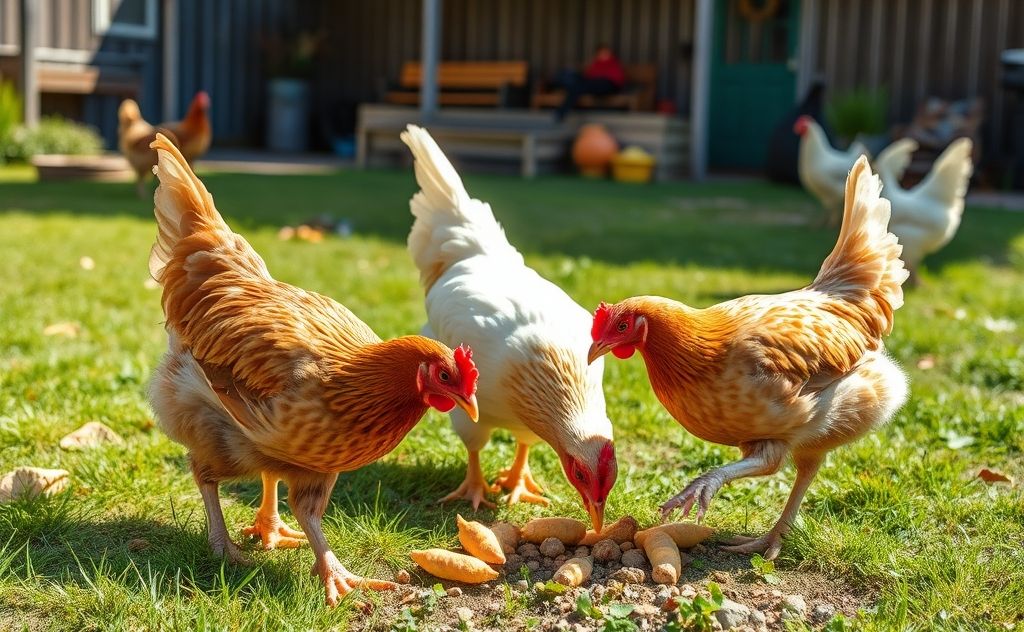 Chickens pecking at food in a sunny yard