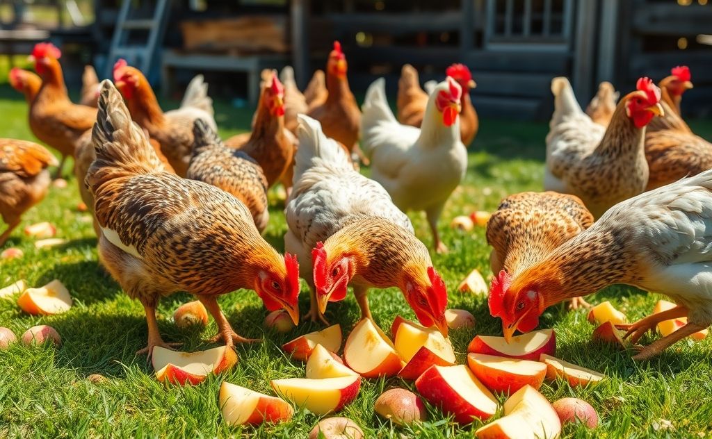 Chickens pecking at fresh apple slices outdoors