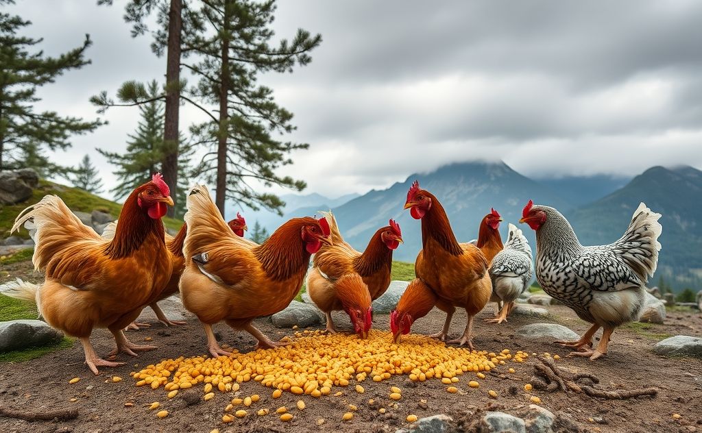 Chickens pecking at grain in a Valheim setting