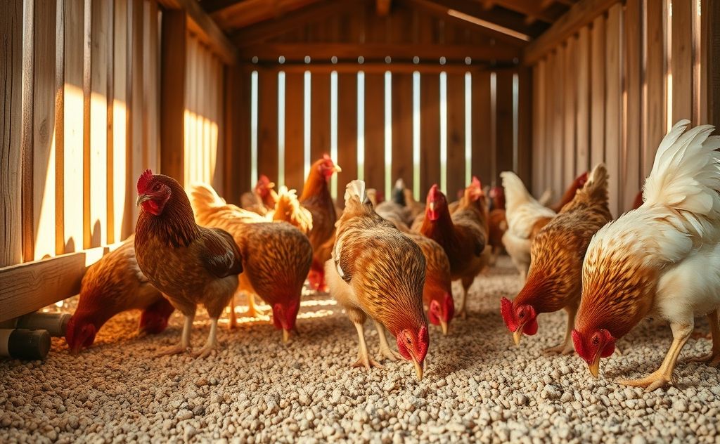 Chickens pecking at grit in a sunny coop