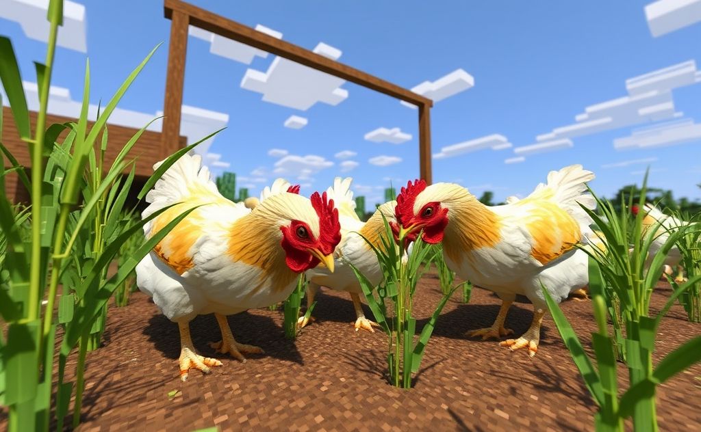 Chickens pecking at seeds in a Minecraft farm