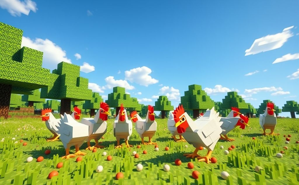 Chickens pecking at seeds in a Minecraft world
