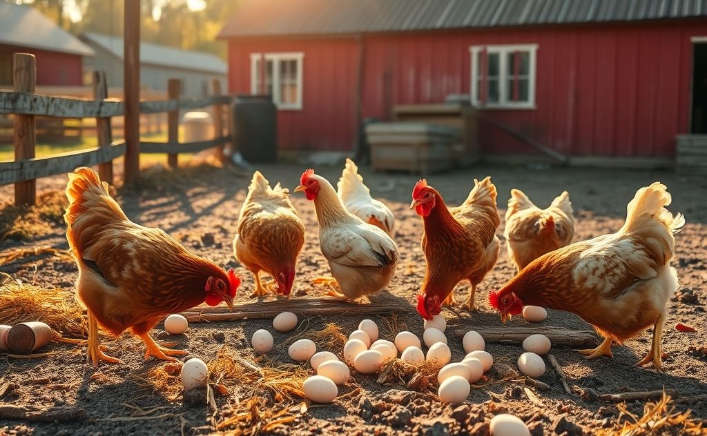 Chickens pecking at their eggs in a farm setting