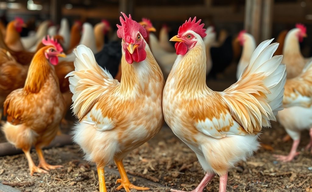 Chickens pecking each other in a farm setting