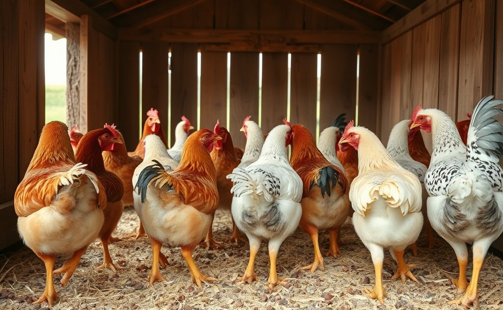 Chickens pecking each other's bottoms in a coop